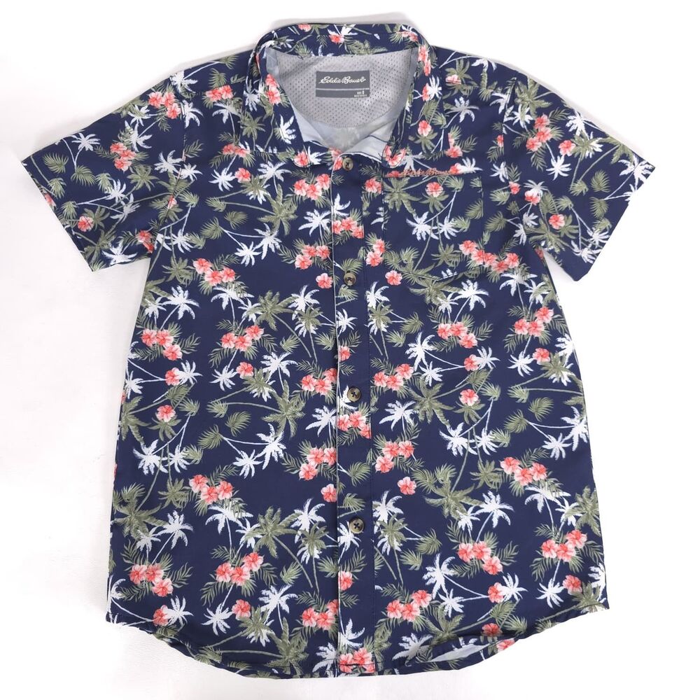 EDDIE BAUER Boys Hawaiian Shirt 8 Blue Floral Palm Short Sleeve Button Up